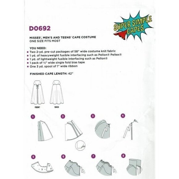 Simplicity Sewing Pattern D0692 Joker Cape Costume Adult Teen Unisex One Size - Picture 2 of 2